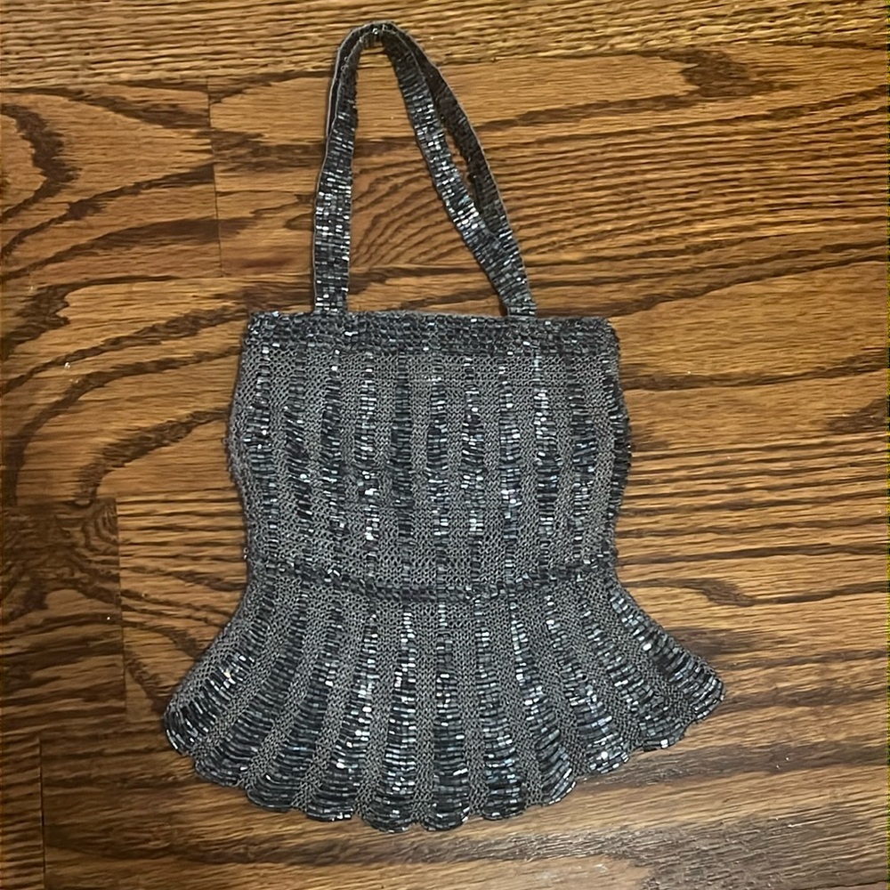 Gray / Silver Beaded Handbag with Magnetic Snap Closure
